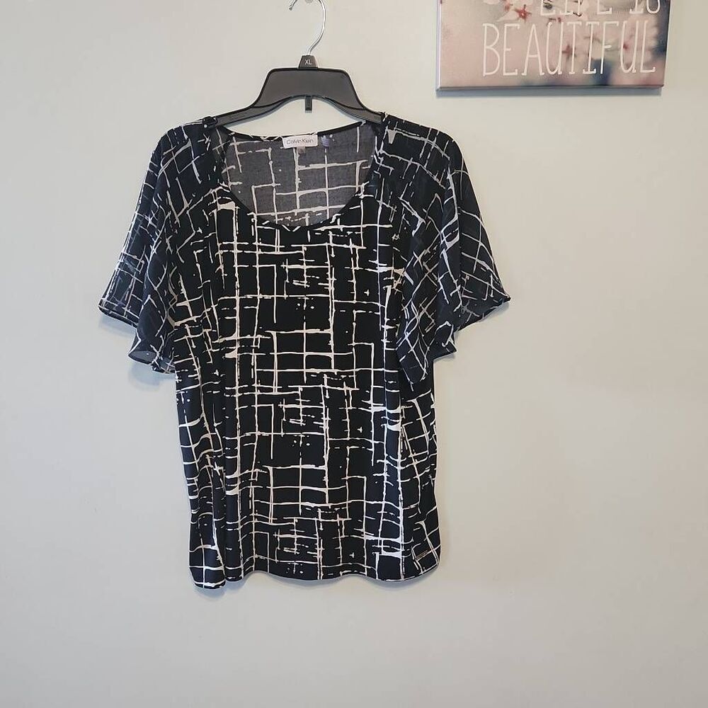 Calvin Klein Casual Blouse White black Printed Blouse Size XL
